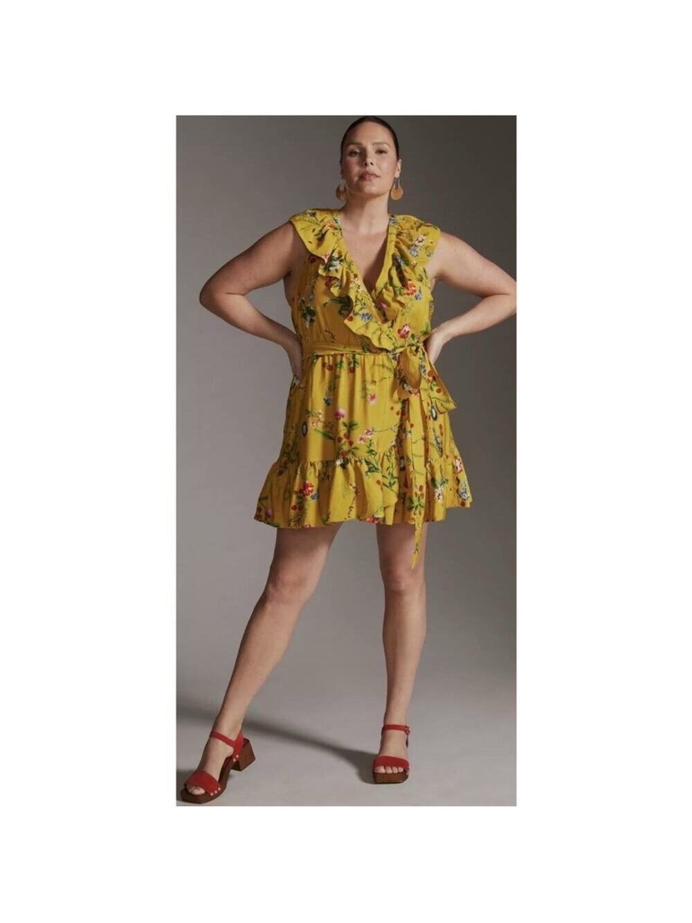 Anthropologie Maeve Strawberry Floral Wrap Yellow Mini Dress Size 3X NWOT